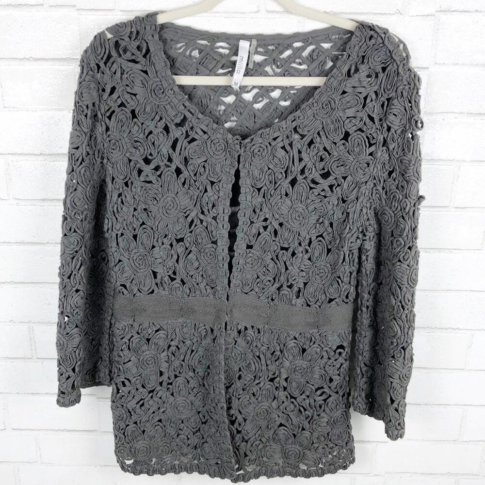 Miilla Clothing Gray Cotton Lace Woven Blazer Jacket with Waist Belt Size Medium